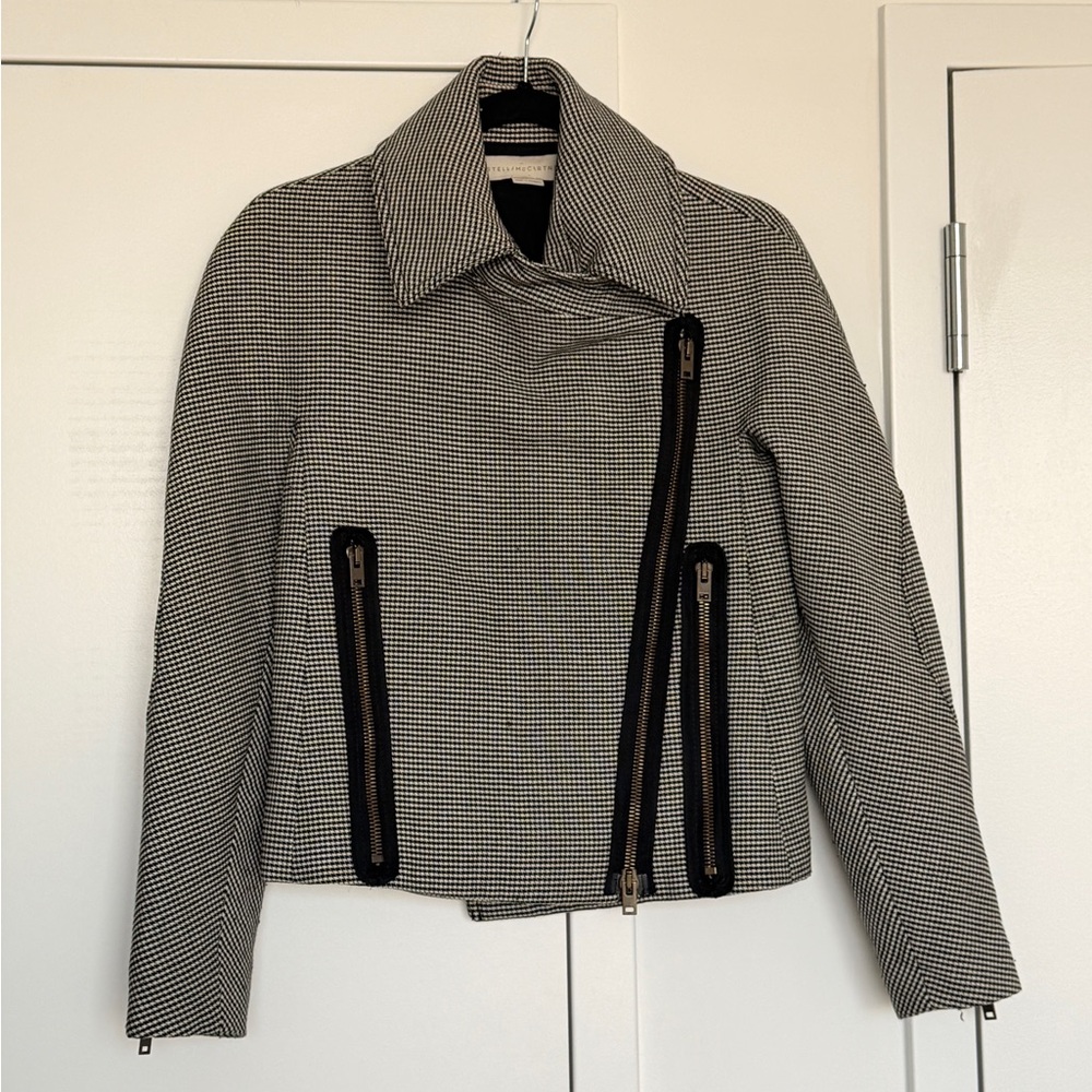 Stella McCartney Black and White Houndstooth Wool Moto Jacket - Size IT 40/Small